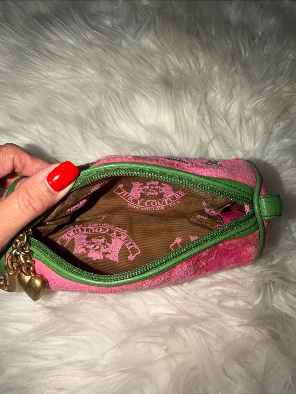 Y2K Juicy Couture Watermelon Velvet Logo Pouch & Gold Charm